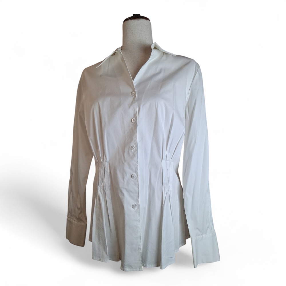 Lafayette 148 New York Ruched Front Sides White Cotton Stretch Blend Blouse 10
